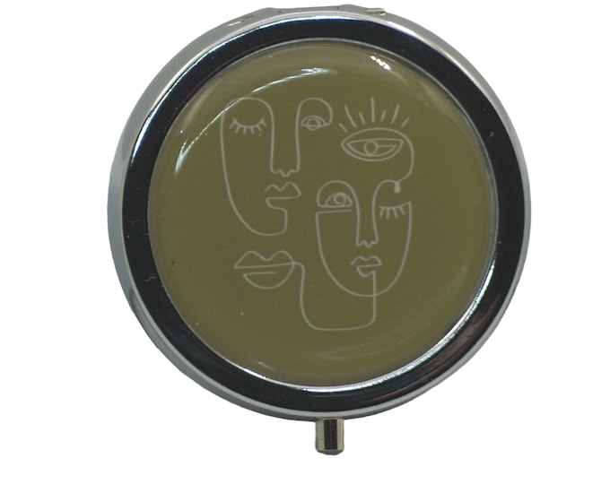 Pill Box Medicine Case Trinket Box Pill Case Mint Box Earring Box Line Drawn Faces on Olive Green