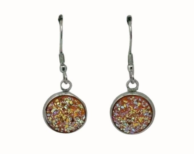 12mm Round Stainless Steel Drop Earrings Accessories Druzy Cabochon Orange