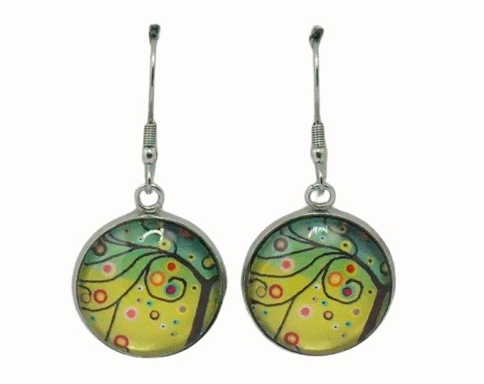 Stainless Steel Glass Tile Hooped Earrings Accessories Funky Tree Green and Yellow