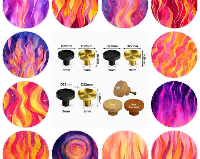 Neon Flames Wooden Drawer Knobs, Patterned Cabinet Handle (3cm, 4cm, 5cm Available)
