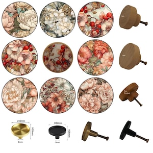 Poignées rondes florales en bois rouges et crème, boutons de tiroir, décoration d'intérieur