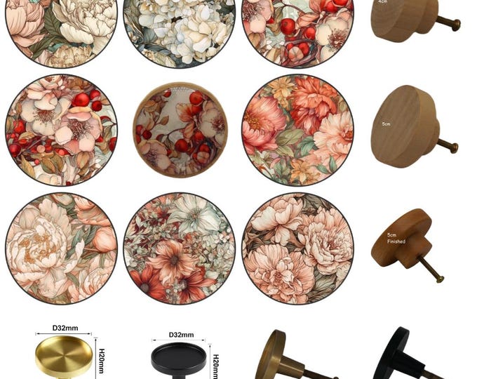 Red and Cream Floral Round Wooden Cabinet Pulls, Drawer Knobs, Home Decor
