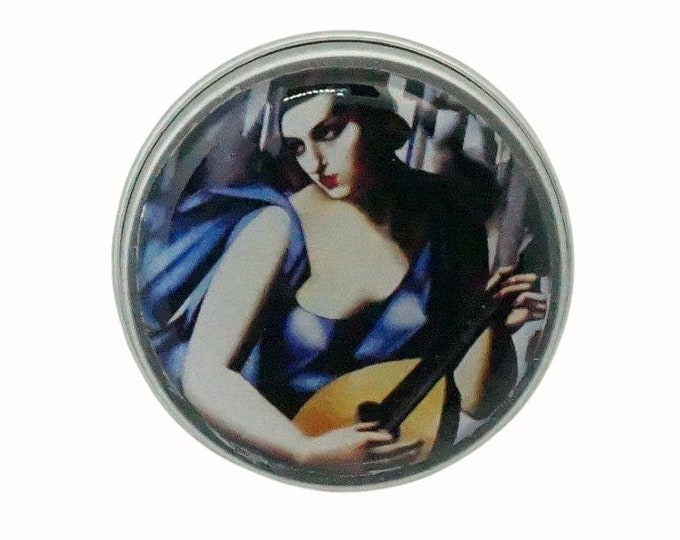 10ml Round Screw Top Handmade Decorative Tin Rings Earrings Pill Tin Mints Keepsakes Artist Tamara De Lempicka in Blue