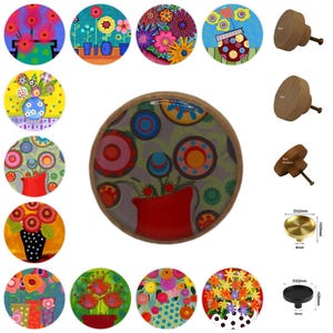 Funky Blumen, bunte Blumen, Schrankgriffe, Möbelknöpfe, runde Holzschubladenknöpfe, Schubladengriffe, Schrankgriffe