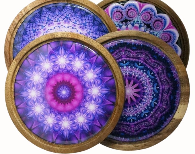 Set of Four Acacia Wooden Coasters Wine Coasters Drink Coasters Coffee Coasters Patterned Mandala Purple
