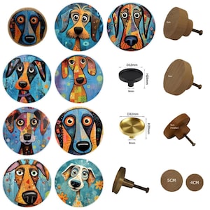 May include: A collection of decorative cabinet knobs featuring colorful, artistic dog portraits. The knobs are round, with various dog breeds depicted in vibrant hues. Also included are wooden and metal knobs, with measurements of 4cm and 5cm.