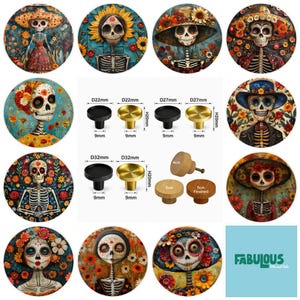 Ladeknoppen, gotisch, skeletten, skeletten in volkskunststijl, kastgrepen van 5 cm, meubelladeknoppen, ronde houten ladeknoppen, kastgrepen