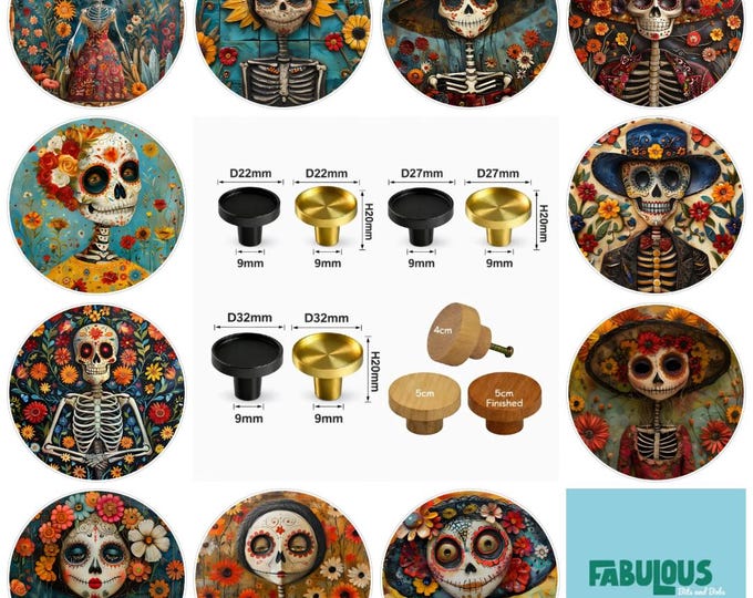 Drawer Knobs, Gothic, Skeletons, Folk Art Skeletons, 5cm Cabinet Handles, Furniture Drawer Knobs, Round Wooden Drawer Knobs, Cabinet Pulls