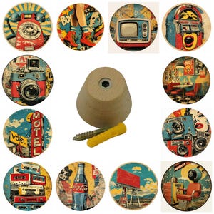 May include: A collection of round, vintage-style wall art featuring retro imagery. Designs include a red rotary phone, a television, a jukebox, a camera, a motel sign, a Coca-Cola bottle, and a barber shop scene. A wooden peg and screws are also included.