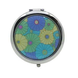 Floral, Flowers, Daisies, Blue, Green, Yellow, Compact Mirror, Purse Mirror, Pocket Mirror, Handbag Mirror