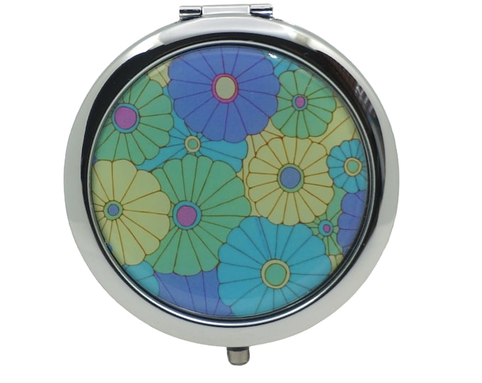 Floral, Flowers, Daisies, Blue, Green, Yellow, Compact Mirror, Purse Mirror, Pocket Mirror, Handbag Mirror