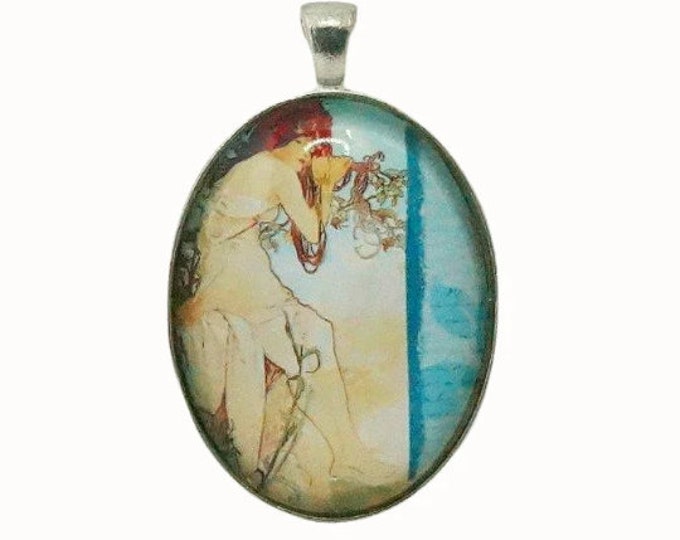 Alphonse Mucha, Oval Silver Plated Glass Pendant, Necklace Pendant