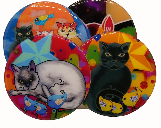 Whimsical Cat Coasters, Colorful Drink Coasters, Set of Four