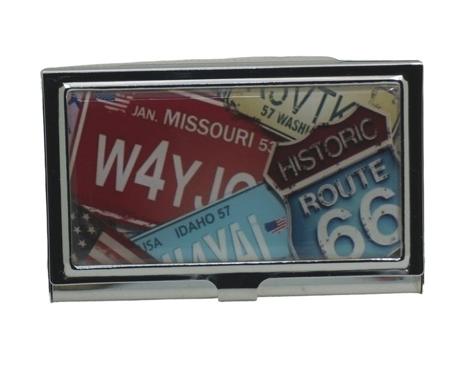Handmade Route 66 License Plate Card Case, Metal Business Card Holder