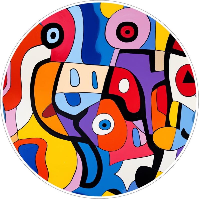 May include: A circular wall art piece featuring a vibrant composition of interlocking shapes in red, blue, yellow, purple, pink, and orange. Thick black outlines define each color block, creating a complex pattern of geometric and organic forms.