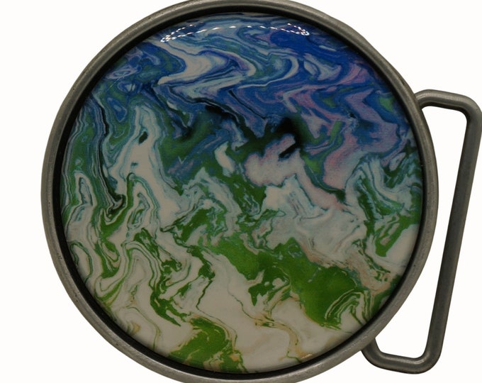 Handmade Pewter Finish Belt Buckle, Melted Blue Green Colors