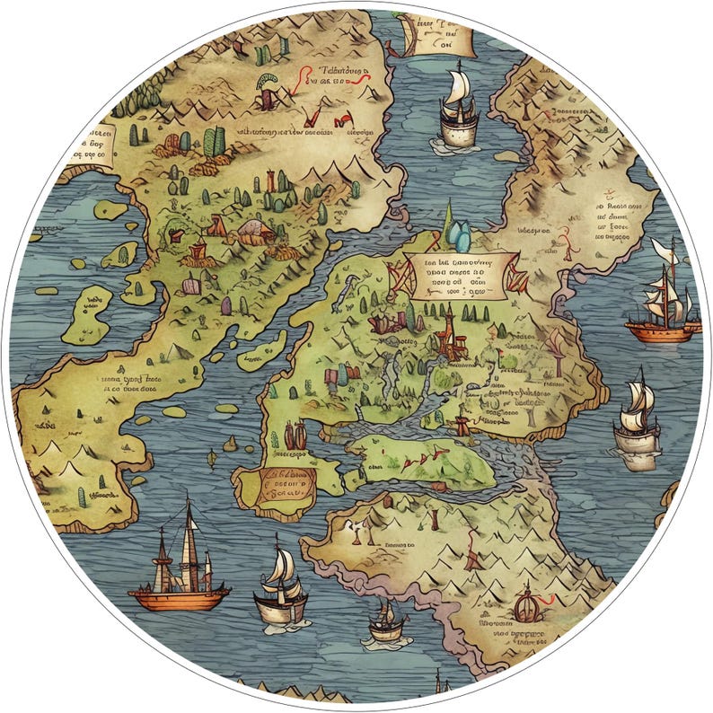 May include: A circular fantasy map featuring tan landmasses, blue oceans, and mountain ranges. The map includes illustrations of sailing ships, small buildings, and decorative text boxes with illegible script, all rendered in a vintage style.