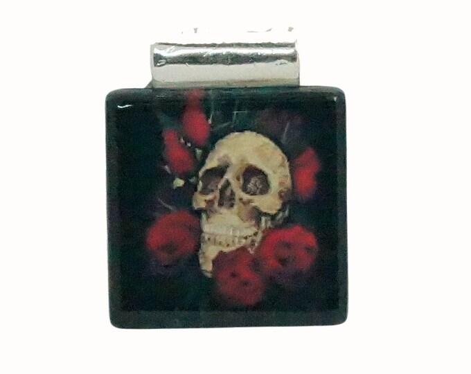 Flat Square Glass Tile Pendant with Tube Bail Gothic Skull and Red Roses
