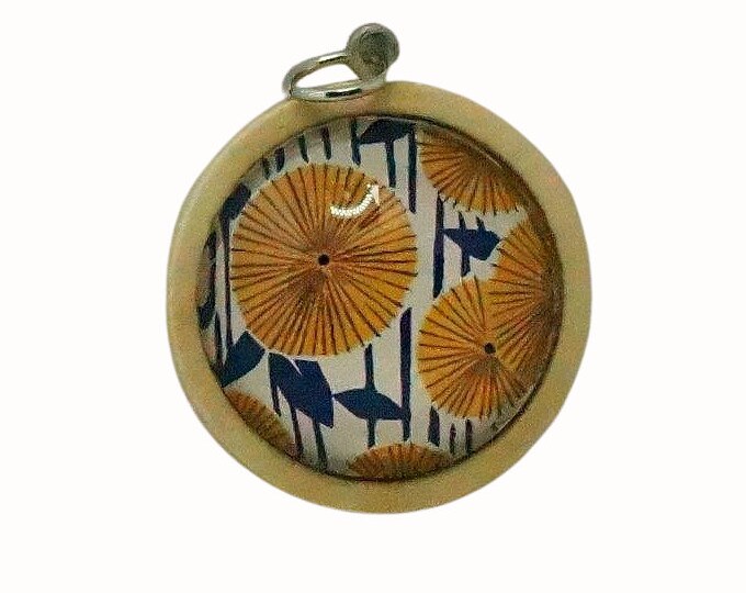 Wooden Backed Glass Tile Pendant Necklace Accessories Natural Wooden Pendant Floral Flowers Yellow Flowers on Blue and White