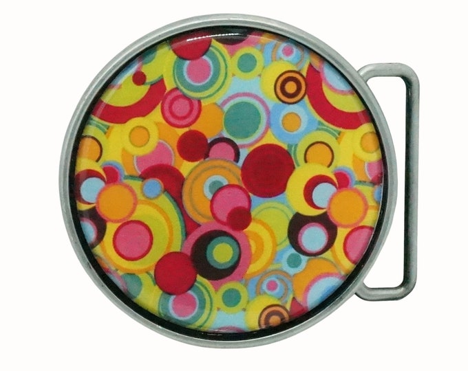 7cm Round Hand Decorated Pewter Finish Belt Buckle Patterned Colorful Circles Psychedelic Art