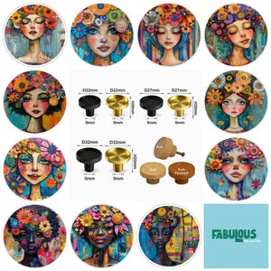 Peut inclure: Une collection de boutons décoratifs circulaires présentant des portraits colorés de personnes avec des couronnes de fleurs. L'image inclut des schémas techniques avec des mesures en millimètres pour des boutons de 22mm, 27mm et 32mm, ainsi que des boutons en bois de 4cm et 5cm.