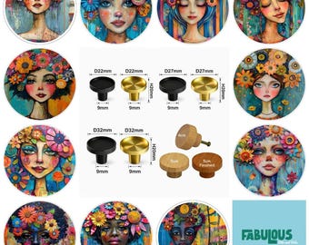 Colorful Faces Drawer Knobs, Flower Crown, Wood Cabinet Handles, Brass Drawer Knobs