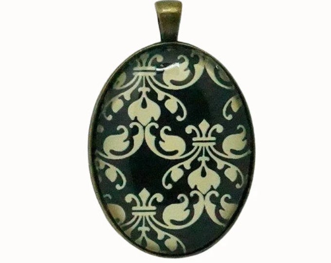 Art Nouveau, Patterned, Black and Cream, Oval Bronze Plated Pendant, Necklace Pendant