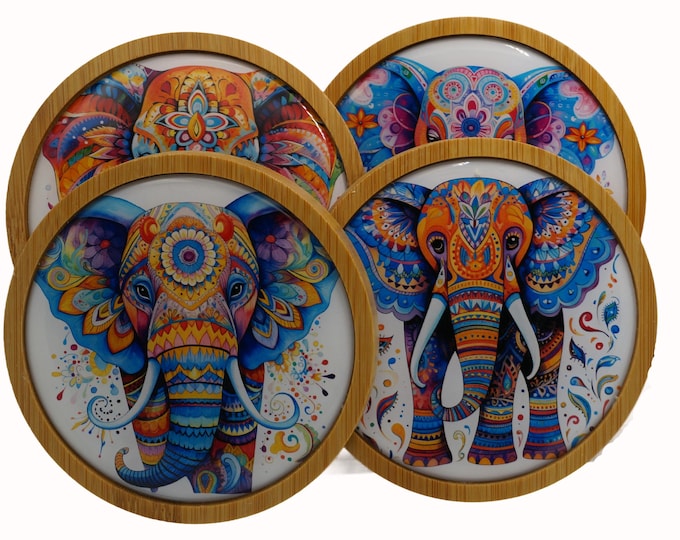 Elephants, African Elephant, Colorful Elephants, Coffee, Coasters,  Set of Four Round Wooden Coasters, Wine, Drink Coasters, Coffee Coaster
