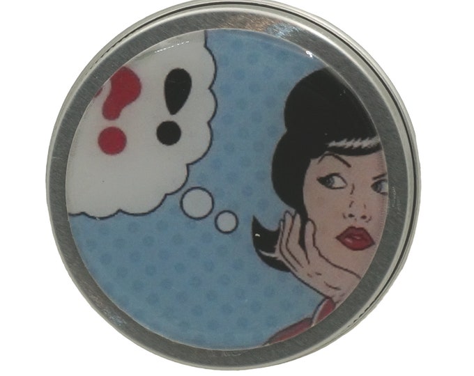 50ml Tin, Pop Art, Woman Thinking, Retro, 50ml Round Storage Tin, Trinket Tin,  Pill Box, Mint Box, Lipstick, Eye Shadow, Storage Tin