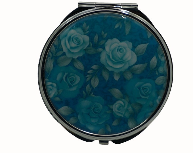 Roses, Blue Roses, Large Pill Box, Mirror, Medicine Case, Pill Case, Silver Pill Box, Three Sectioned Pill Box