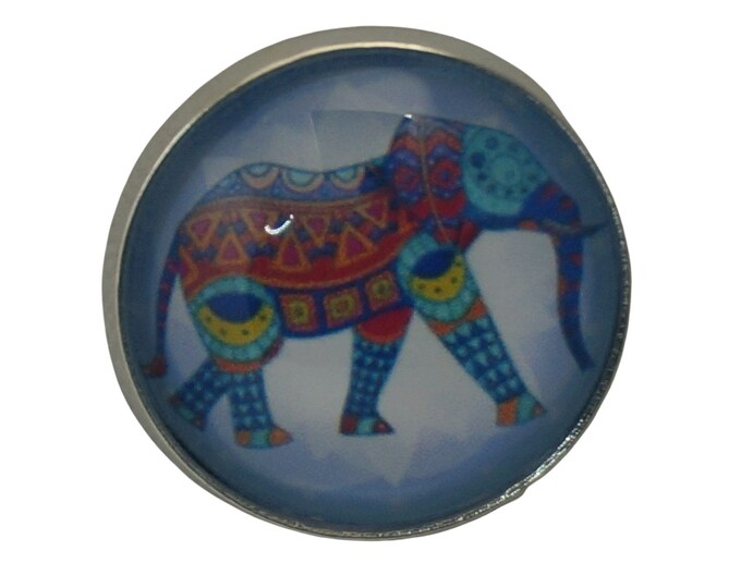 Batik Elephant, Blue, Round Metal Brooch, Silver Plated, 2.0cm Brooch, Glass, Scarf Pin, Lapel Pin