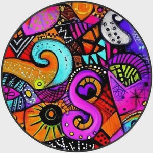 May include: A circular wall art piece featuring a vibrant abstract composition. The design includes swirling shapes in bright pink, turquoise, and orange, accented by black geometric patterns, dots, and lines against a multicolored background.