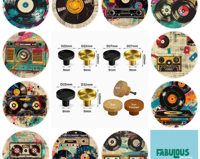 Retro Music Drawer Knobs: Wooden Cabinet Pulls, Brass Knobs, 2.2cm to 5.0cm