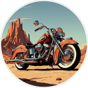 May include: A circular graphic illustration featuring an orange cruiser motorcycle with chrome accents and whitewall tyres parked on a desert landscape with tall red rock formations under a clear blue sky in the background.