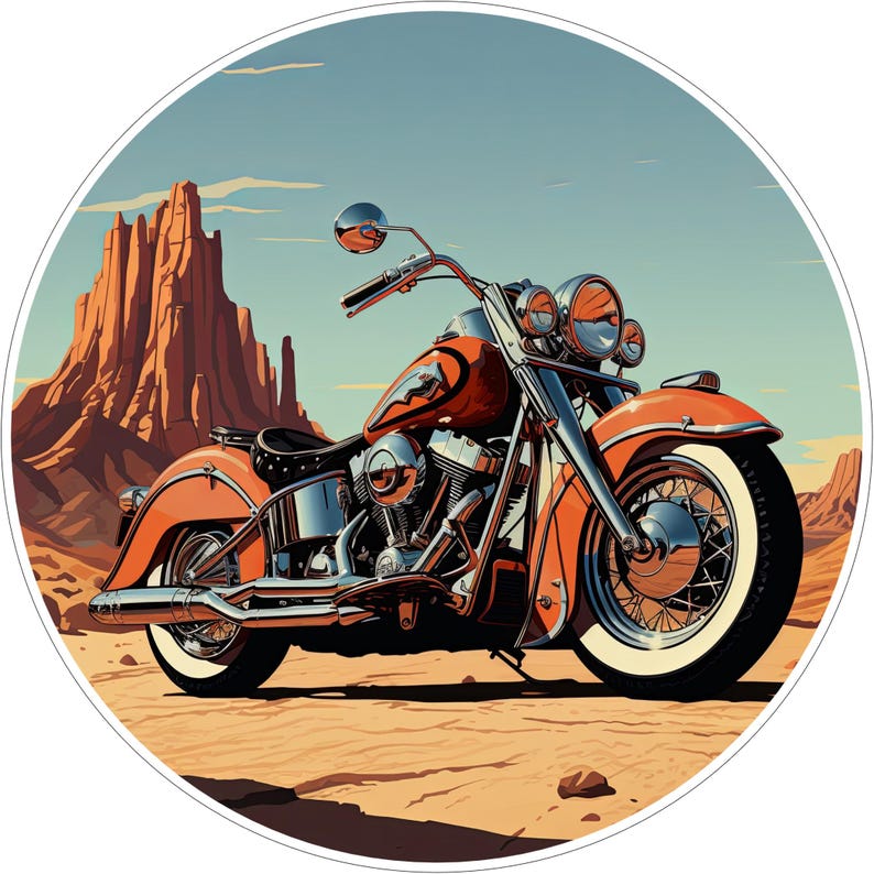 May include: A circular graphic illustration featuring an orange cruiser motorcycle with chrome accents and whitewall tyres parked on a desert landscape with tall red rock formations under a clear blue sky in the background.