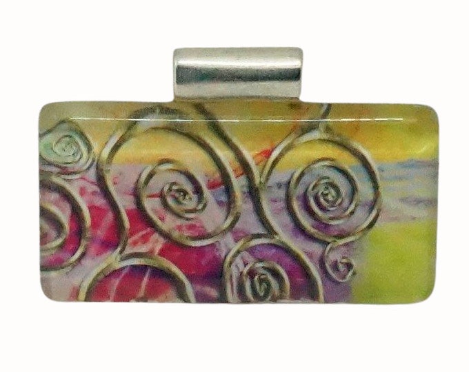 Horizontal Rectangle Glass Tile Pendant Tube Bail Patterned Yellow Pink Gold