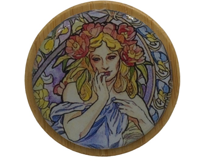 50ml Round Screw Top Bamboo Box, Wooden Box, Refillable Cosmetic Container, Jewellery Box, Keepsakes Box, Trinkets, Art Nouveau Maiden