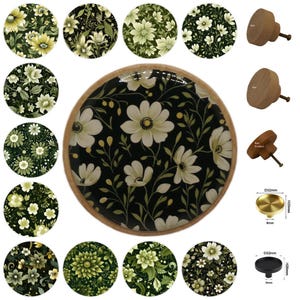 Pomos de cajón con diseño floral verde y crema, tiradores para armarios, pomos para cajones de muebles, pomos redondos de madera para cajones, pomos de latón.