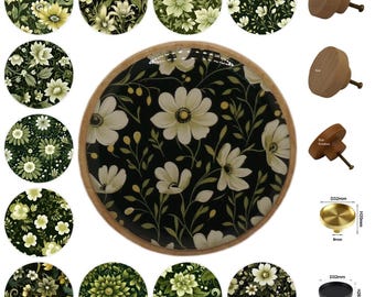 Puxadores florais verdes e creme para gavetas, puxadores para armários, puxadores para móveis, puxadores redondos de madeira para gavetas, puxadores de latão.
