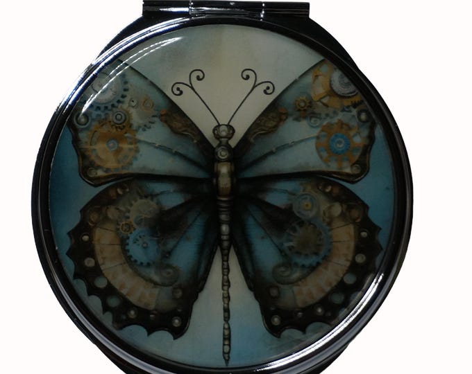 Butterfly, Steampunk , Large Pill Box, Mirror, Medicine Case, Pill Case,  Silver Pill Box, Three Sectioned Pill Box