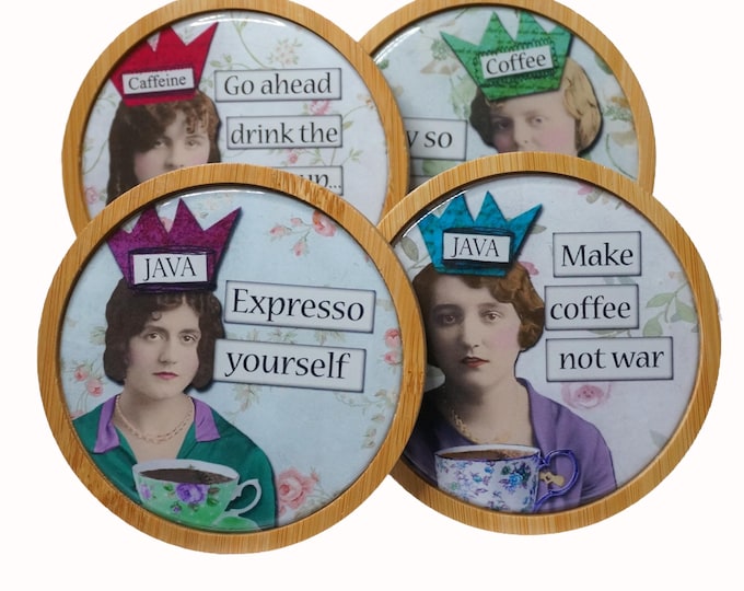 Humor, Sassy Women, Retro, Vintage, Coffee, Coasters,  Set of Four Round Wooden Coasters, Wine, Drink Coasters, Coffee Coaster