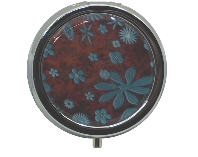 Patterned, Blue, Brown, Rusty Pantina, Pill Box, Silver Plated, Medicine Case, One Day Pill Box, Trinket Box, Pill Case