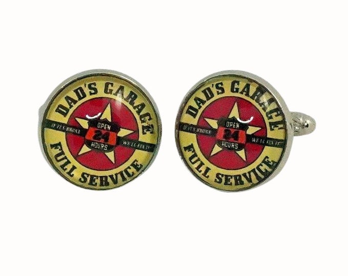 Stainless Steel Cufflinks Accessories 1.8cm Glass Dad's Garage Full Service Motor Vehicles