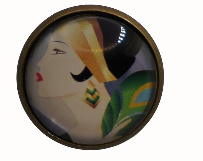 Art Deco, Woman, Round Metal Brooch, Bronze Plated, 2.5cm Brooch, Glass, Scarf Pin, Lapel Pin