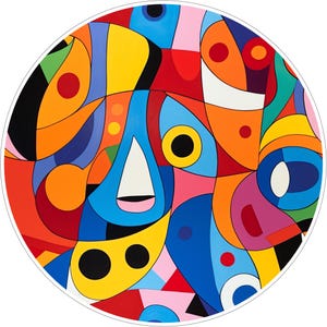 May include: A circular wall art piece featuring a vibrant abstract composition of interlocking geometric shapes. The design uses a bold palette of red, blue, yellow, orange, pink, black, and white, with thick black outlines defining each distinct color block.