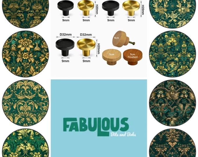Gold and Green Damask Round Wooden Cabinet Pulls, Drawer Knobs, Home Decor