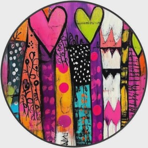 May include: A circular wall art piece featuring a vibrant abstract composition of vertical panels. The design includes bright pink and lime green heart shapes, black and white polka dots, orange swirls, and geometric patterns in purple and yellow.