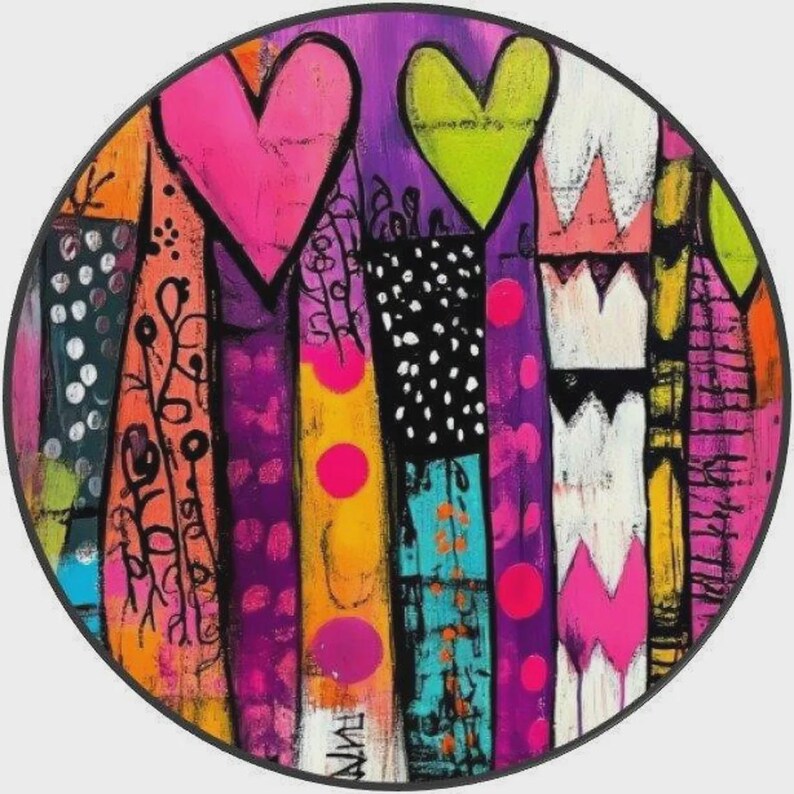 May include: A circular wall art piece featuring a vibrant abstract composition of vertical panels. The design includes bright pink and lime green heart shapes, black and white polka dots, orange swirls, and geometric patterns in purple and yellow.
