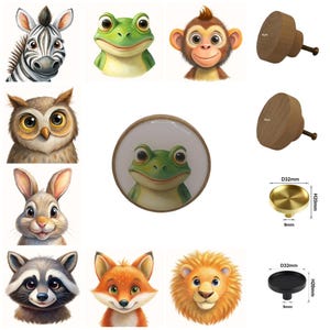 Op de afbeelding: Een verzameling dierlijke meubelknoppen en ladehandgrepen. De afbeelding toont een zebra, kikker, aap, uil, konijn, wasbeer, vos en leeuw. Houten en metalen knoppen zijn ook afgebeeld, met afmetingen van 4 cm en 32 mm.