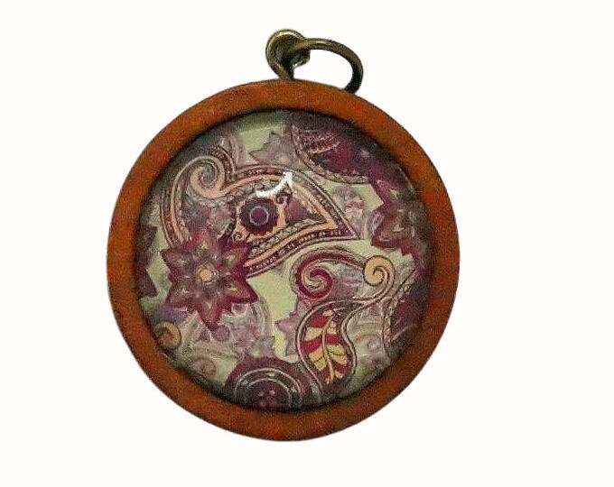 Wooden Backed Glass Tile Pendant Necklace Accessories Natural Wooden Pendant Patterned Paisley Brown Red Beige